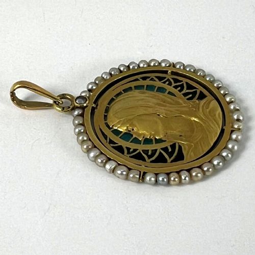 ANTIQUE FRENCH VIRGIN MARY 18K YELLOW GOLD PLIQUEAJOUR ENAMEL PEARL PENDANT MEDAL - ADDITIONAL PHOTO 18