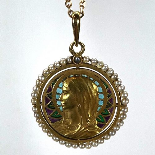 ANTIQUE FRENCH VIRGIN MARY 18K YELLOW GOLD PLIQUEAJOUR ENAMEL PEARL PENDANT MEDAL - ADDITIONAL PHOTO 19