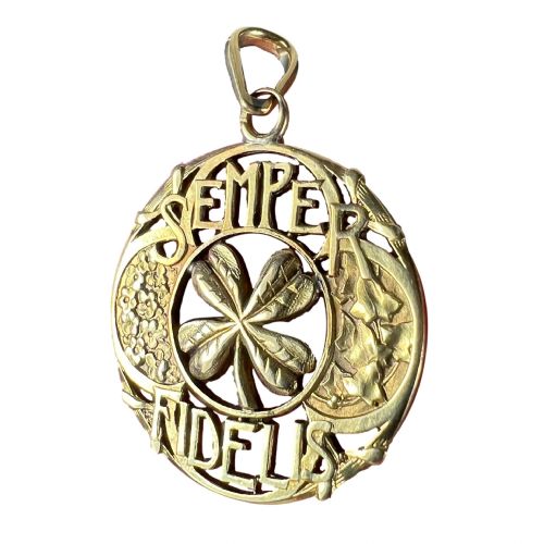 ANTIQUE FRENCH SEMPER FIDELIS ALWAYS FAITHFUL FOREVER LOVE 18K YELLOW GOLD LUCKY CLOVER PENDANT