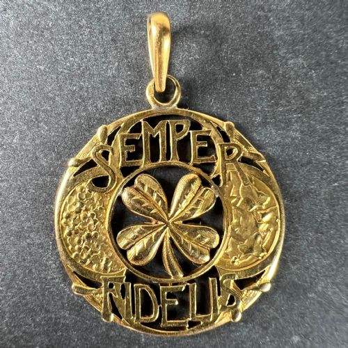 ANTIQUE FRENCH SEMPER FIDELIS ALWAYS FAITHFUL FOREVER LOVE 18K YELLOW GOLD LUCKY CLOVER PENDANT - ADDITIONAL PHOTO 1