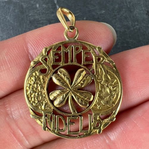 ANTIQUE FRENCH SEMPER FIDELIS ALWAYS FAITHFUL FOREVER LOVE 18K YELLOW GOLD LUCKY CLOVER PENDANT - ADDITIONAL PHOTO 4