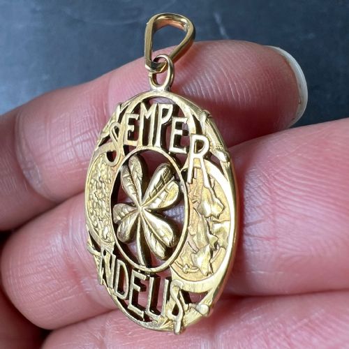 ANTIQUE FRENCH SEMPER FIDELIS ALWAYS FAITHFUL FOREVER LOVE 18K YELLOW GOLD LUCKY CLOVER PENDANT - ADDITIONAL PHOTO 6