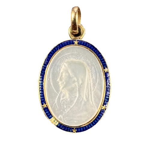 FRENCH VIRGIN MARY 18K YELLOW GOLD MOTHER OF PEARL ENAMEL CHARM PENDANT