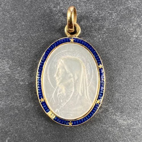 FRENCH VIRGIN MARY 18K YELLOW GOLD MOTHER OF PEARL ENAMEL CHARM PENDANT - ADDITIONAL PHOTO 1