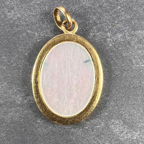 FRENCH VIRGIN MARY 18K YELLOW GOLD MOTHER OF PEARL ENAMEL CHARM PENDANT - ADDITIONAL PHOTO 2