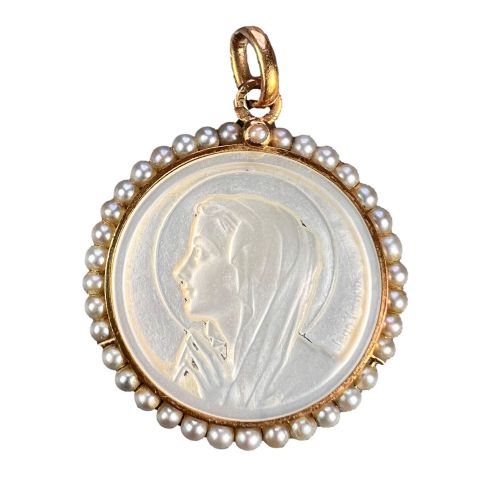 FRENCH VIRGIN MARY MOTHER OF PEARL 18K YELLOW GOLD PEARL CHARM PENDANT