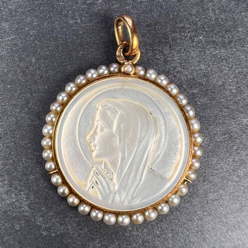 FRENCH VIRGIN MARY MOTHER OF PEARL 18K YELLOW GOLD PEARL CHARM PENDANT - ADDITIONAL PHOTO 1