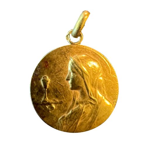 Antique French Jampolsky Virgin Mary Communion 18k Yellow Gold Medal Pendant