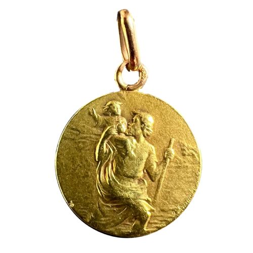 Antique French Rasumny Saint Christopher 18k Yellow Gold Medal Pendant