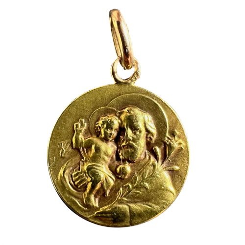 Antique French Rasumny Saint Joseph Jesus Christ 18k Yellow Gold Medal Pendant