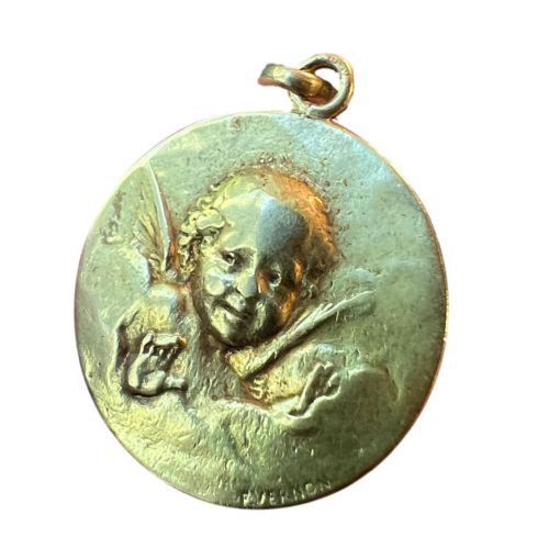 Antique French Vernon Cherub Angel 18k Yellow Gold Charm Pendant Medal