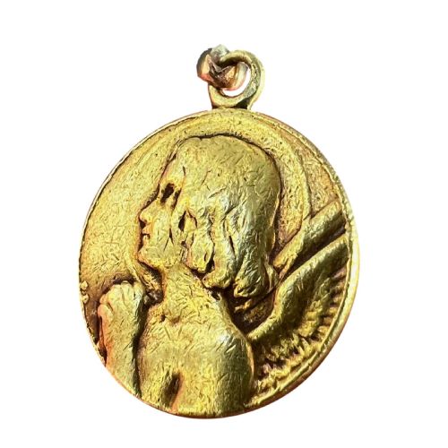 Antique French Holy Angel 18k Yellow Gold Religious Pendant Medal