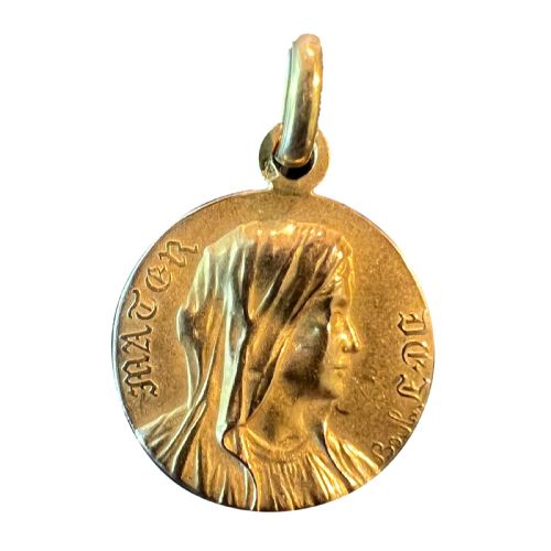 French Bouloux Virgin Mary Mater Dei 18K Yellow Gold Medal Pendant