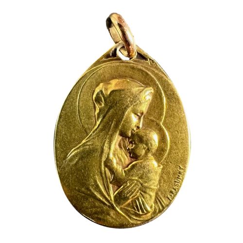 Antique French Rasumny Madonna and Child 18k Yellow Gold Religious Medal Pendant