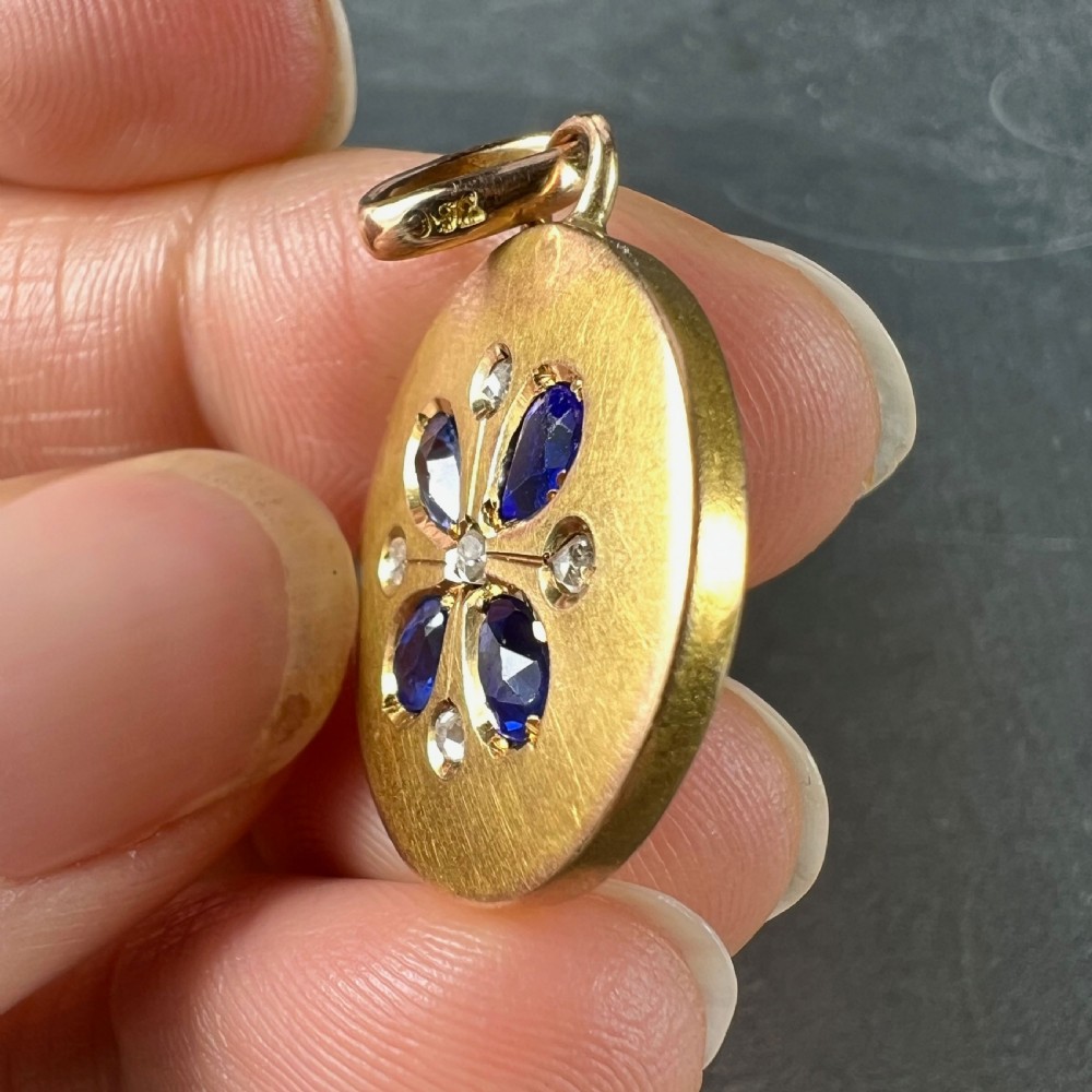 French Lucky Four Leaf Clover 18K Yellow Gold Sapphire Diamond Charm Pendant View III