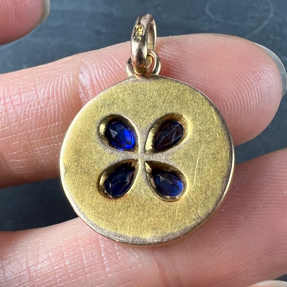 French Lucky Four Leaf Clover 18K Yellow Gold Sapphire Diamond Charm Pendant View IV