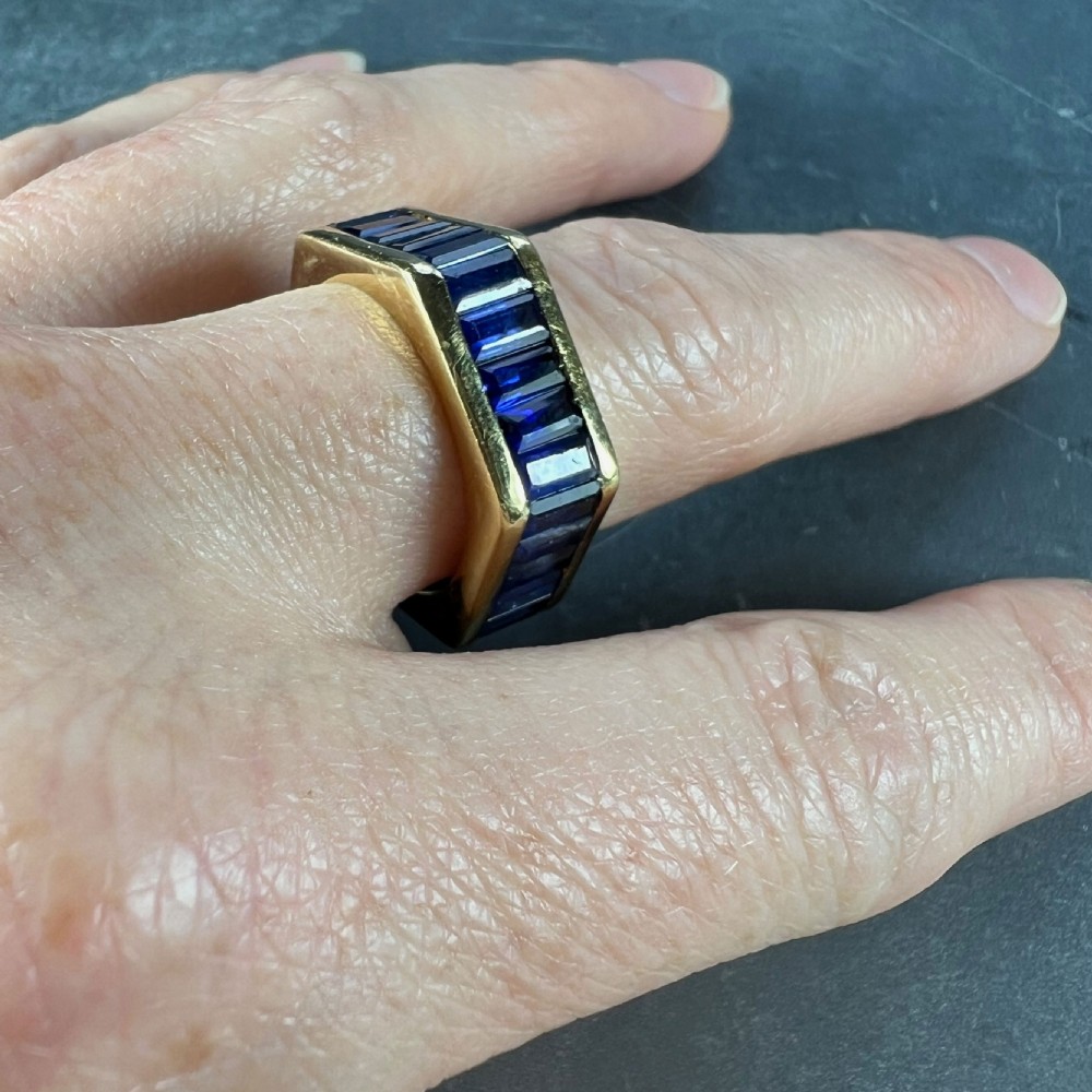 Hexagonal 6 Carat Blue Sapphire 18K Yellow Gold Eternity Ring  View X