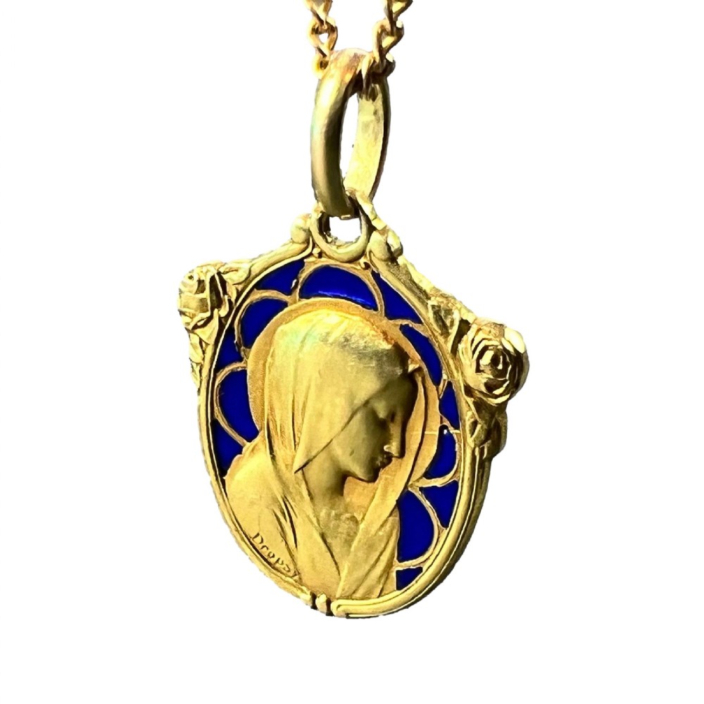 French Dropsy Virgin Mary Plique A Jour Enamel 18K Yellow Gold Charm Pendant