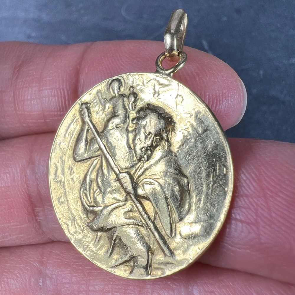 Large St Christopher 18K Yellow Gold Pendant Medal View VI