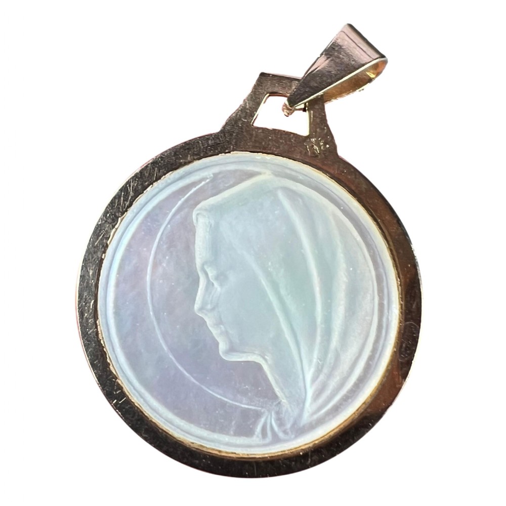 French Virgin Mary Mother of Pearl 18K Yellow Gold Charm Pendant