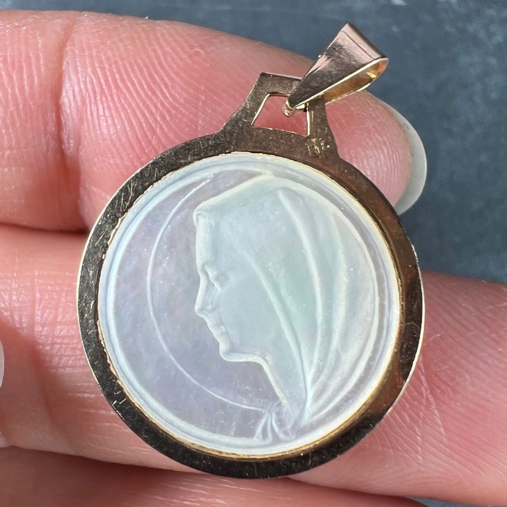 French Virgin Mary Mother of Pearl 18K Yellow Gold Charm Pendant View V