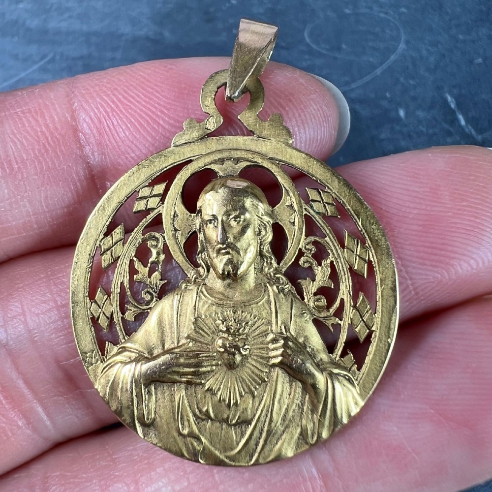 French Lavrillier Sacred Heart Madonna and Child 18K Yellow Gold Medal Pendant View V