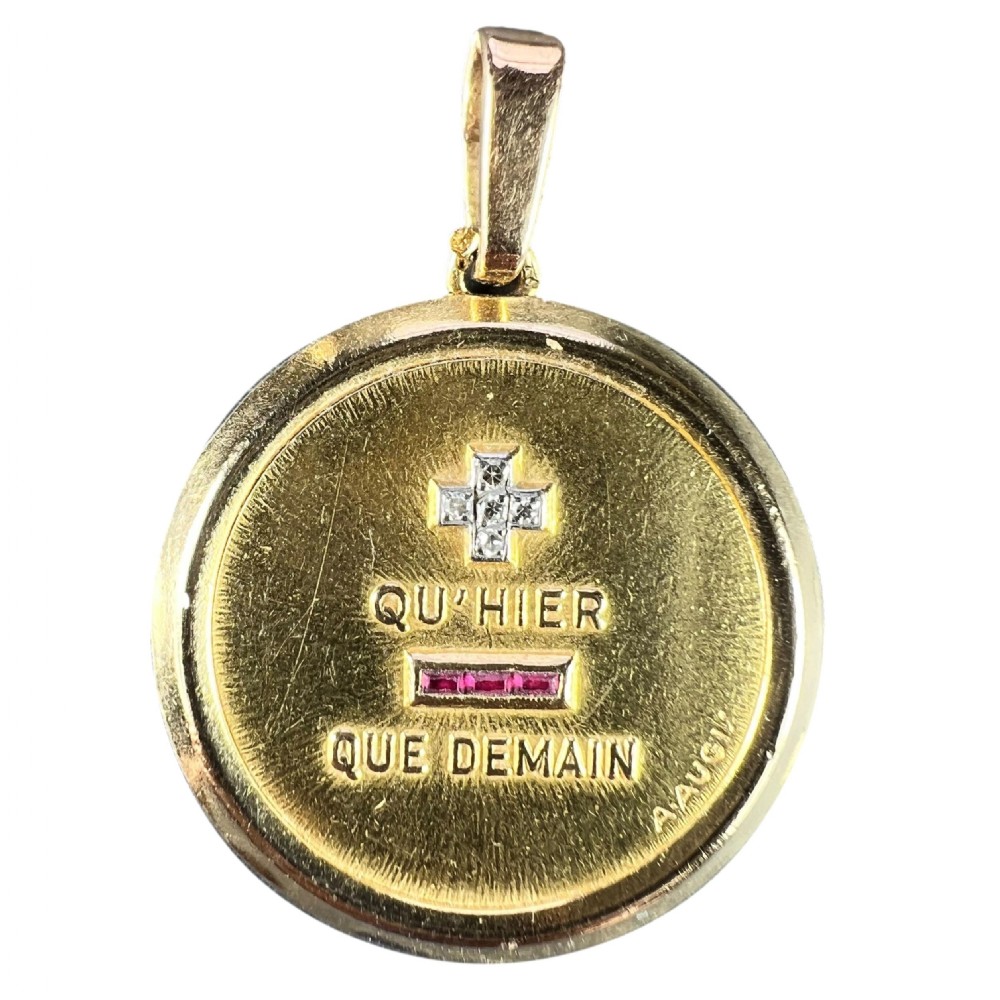 Large Augis French Plus Qu’Hier Ruby Diamond 18K Yellow Gold Love Charm Pendant View IV