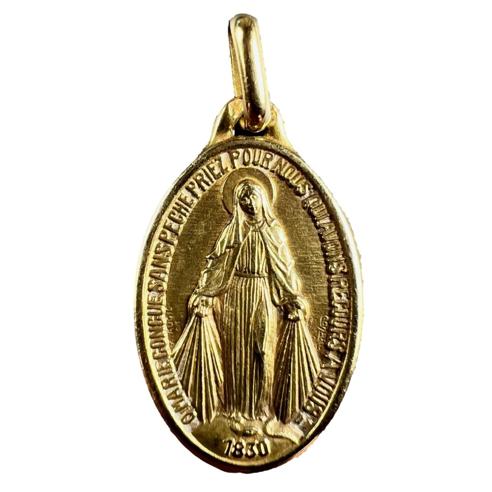 French Augis 18K Yellow Gold Virgin Mary Miraculous Medal Charm Pendant