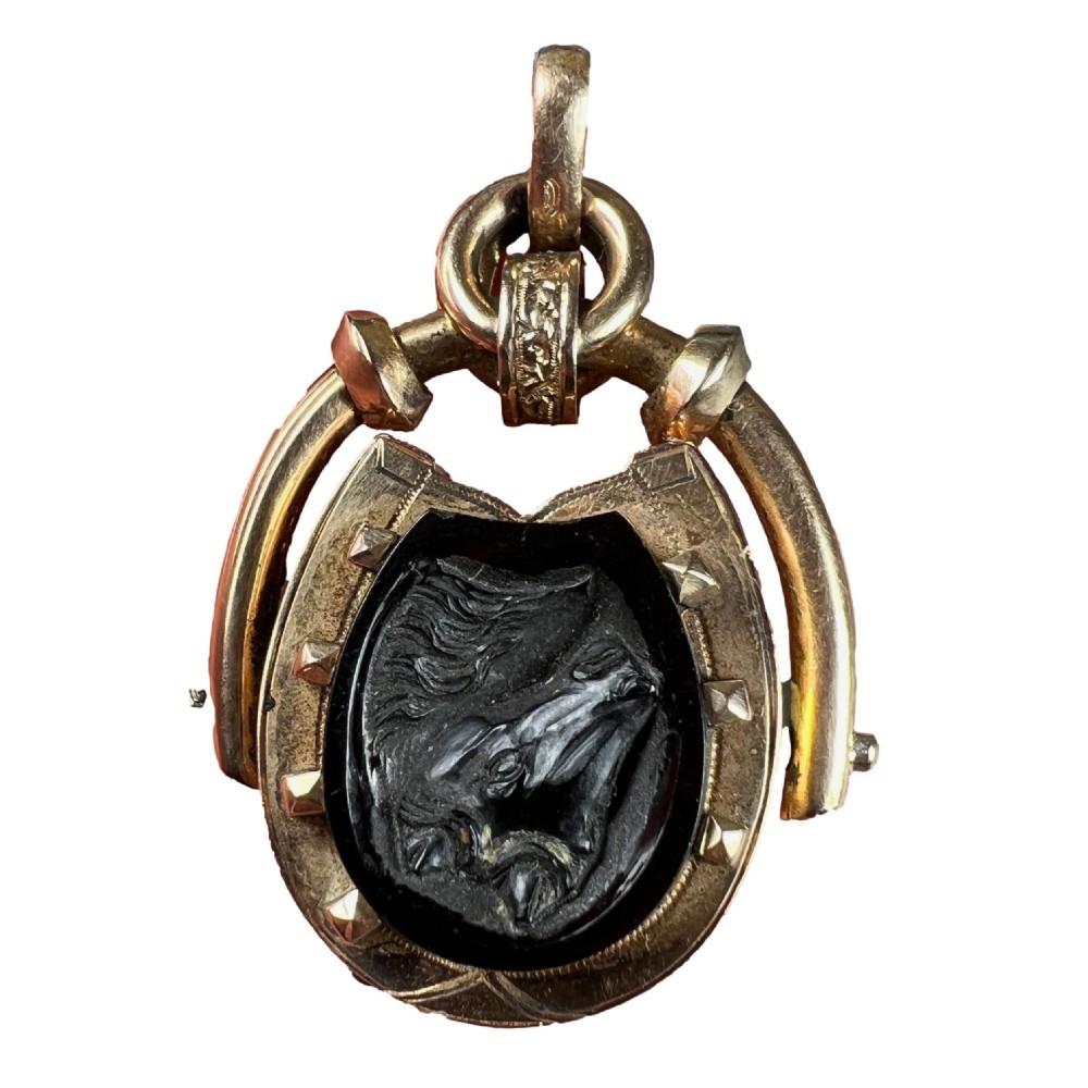Horseshoe Onyx Horse Cameo 18K Rose Gold Pendant Locket