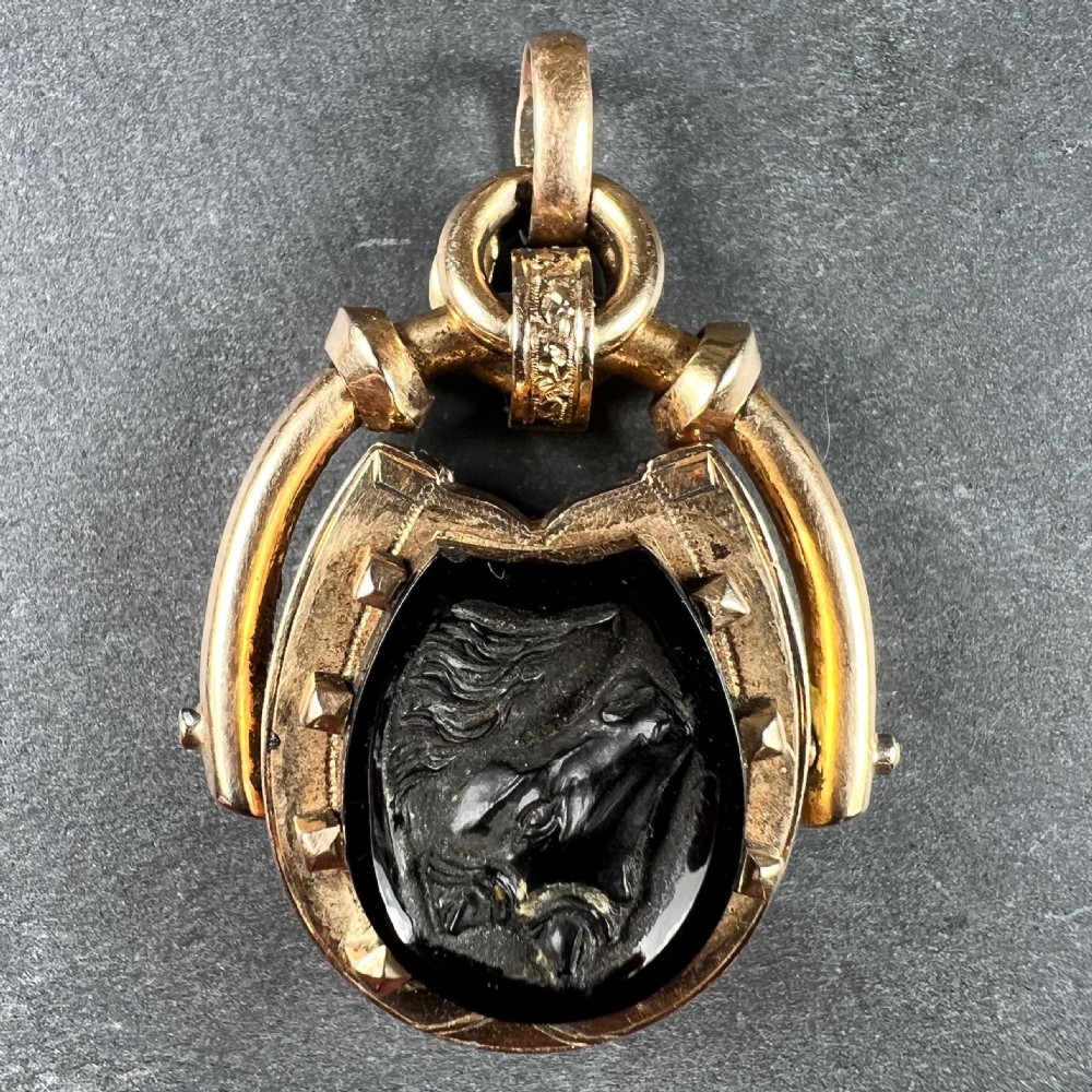 Horseshoe Onyx Horse Cameo 18K Rose Gold Pendant Locket View II