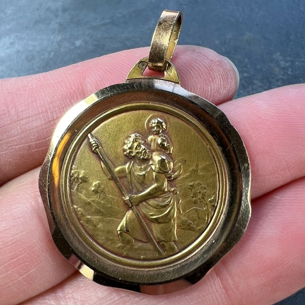 Large French Perriat Saint Christopher 18K Yellow Gold Pendant Medal View V