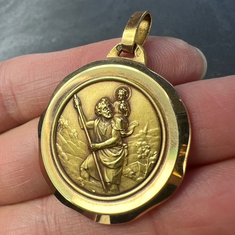 Large French Perriat Saint Christopher 18K Yellow Gold Pendant Medal View VI