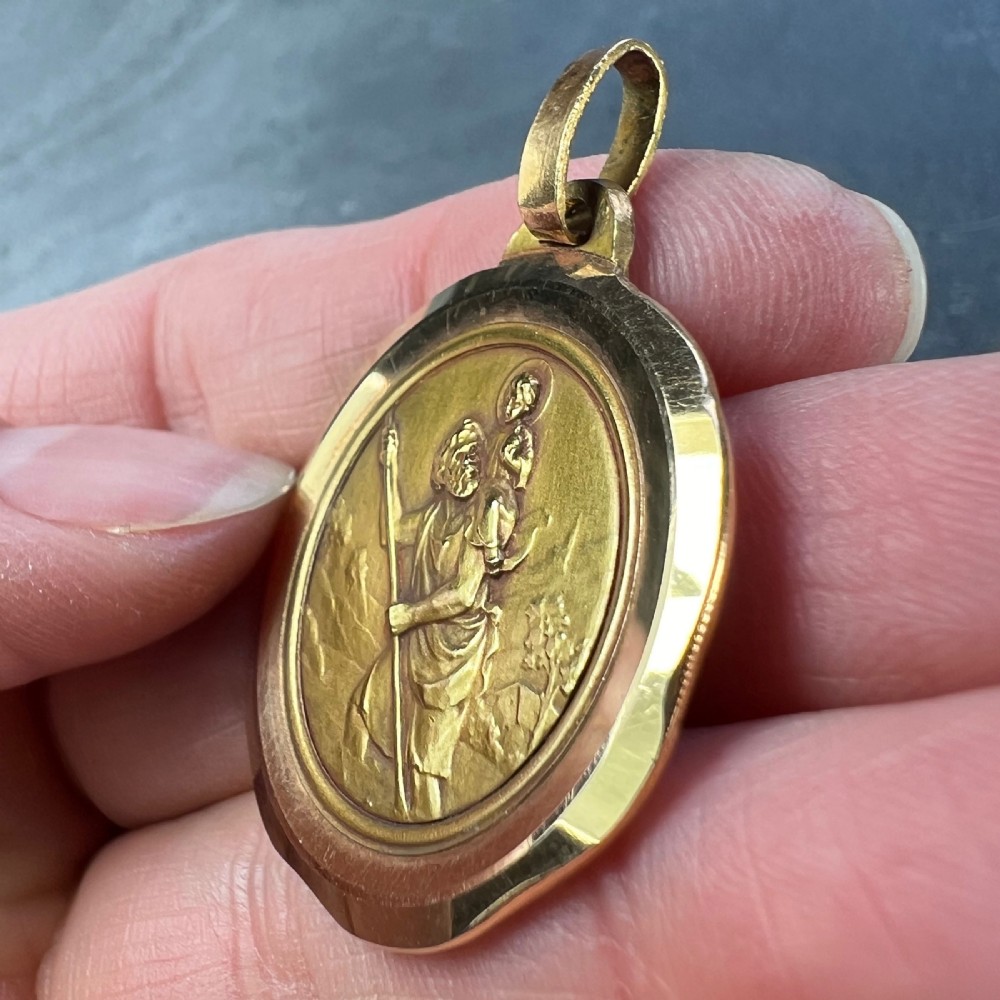 Large French Perriat Saint Christopher 18K Yellow Gold Pendant Medal View VII