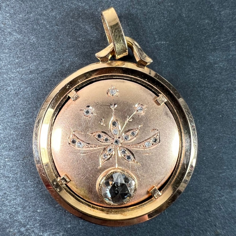 French Floral Flower 18 Karat Rose Gold Rose Cut Diamond Charm Pendant View II