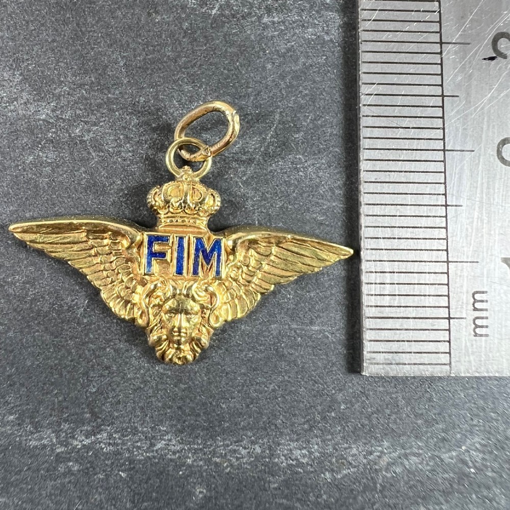 An 18k yellow gold pendant featuring outspread wings topped with a crown, a lion head motif at the base, and blue enamel letters. View X