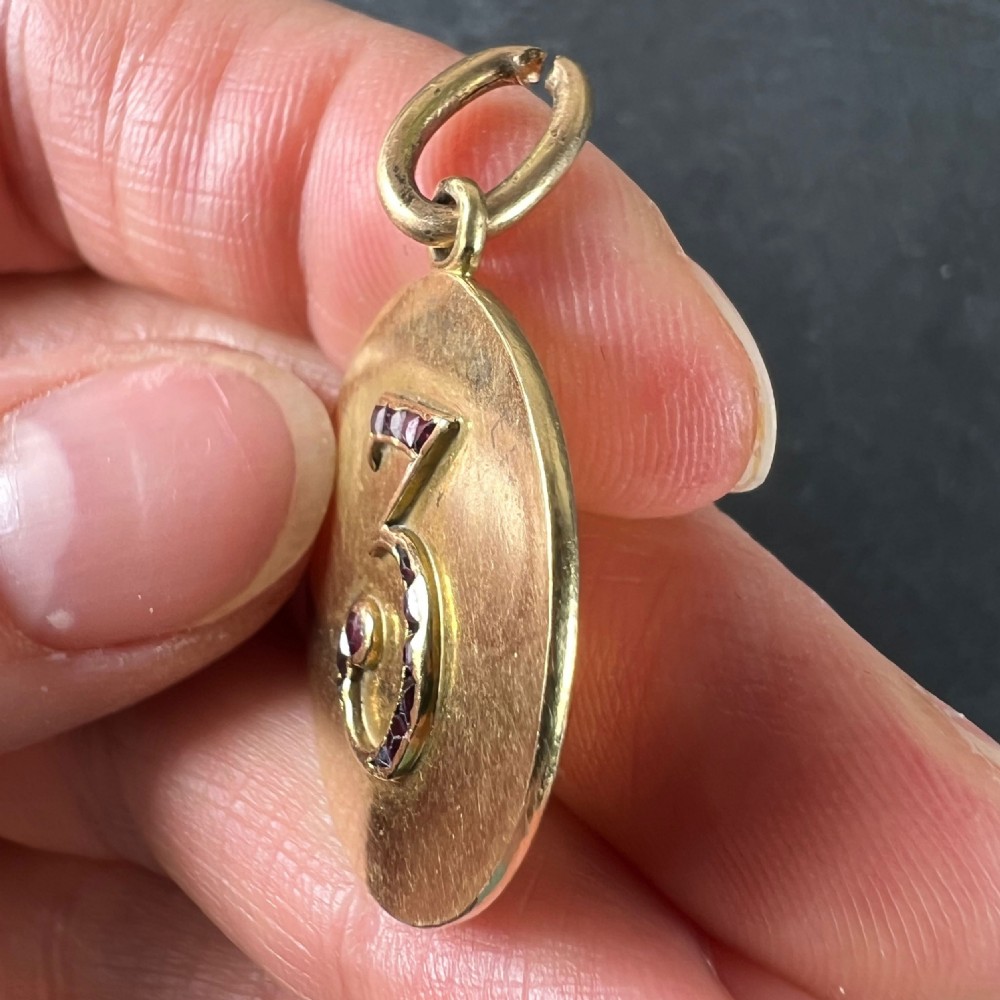 Lucky 'Number 3' Baguette Cut Ruby 18K Yellow Gold Good Luck Charm Pendant View VIII