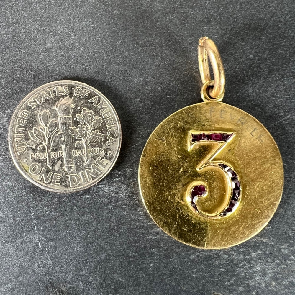 Lucky 'Number 3' Baguette Cut Ruby 18K Yellow Gold Good Luck Charm Pendant View X