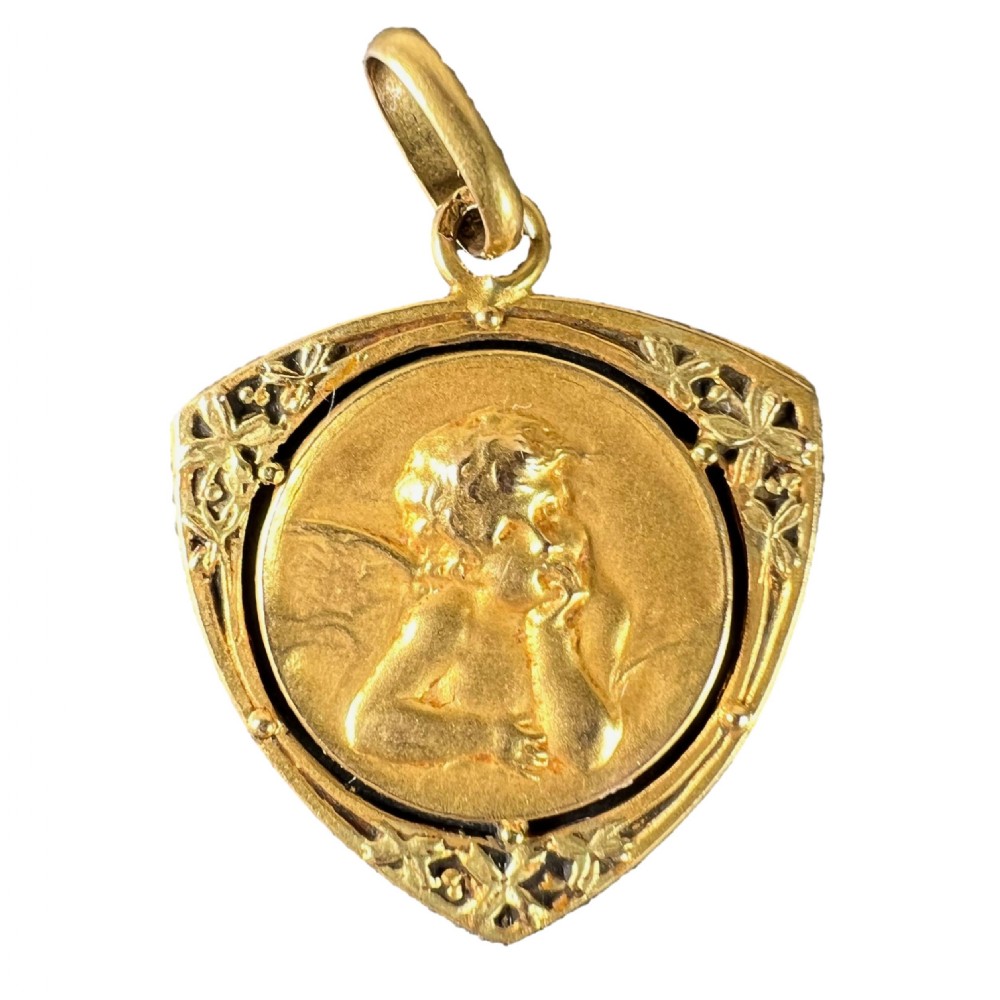Vintage French Raphael’s Cherub Forget Me Not 18K Yellow Gold Charm Pendant