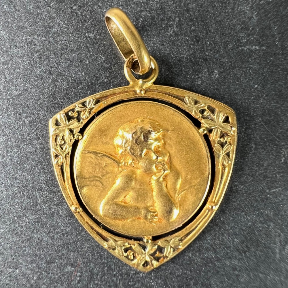 Vintage French Raphael’s Cherub Forget Me Not 18K Yellow Gold Charm Pendant View II