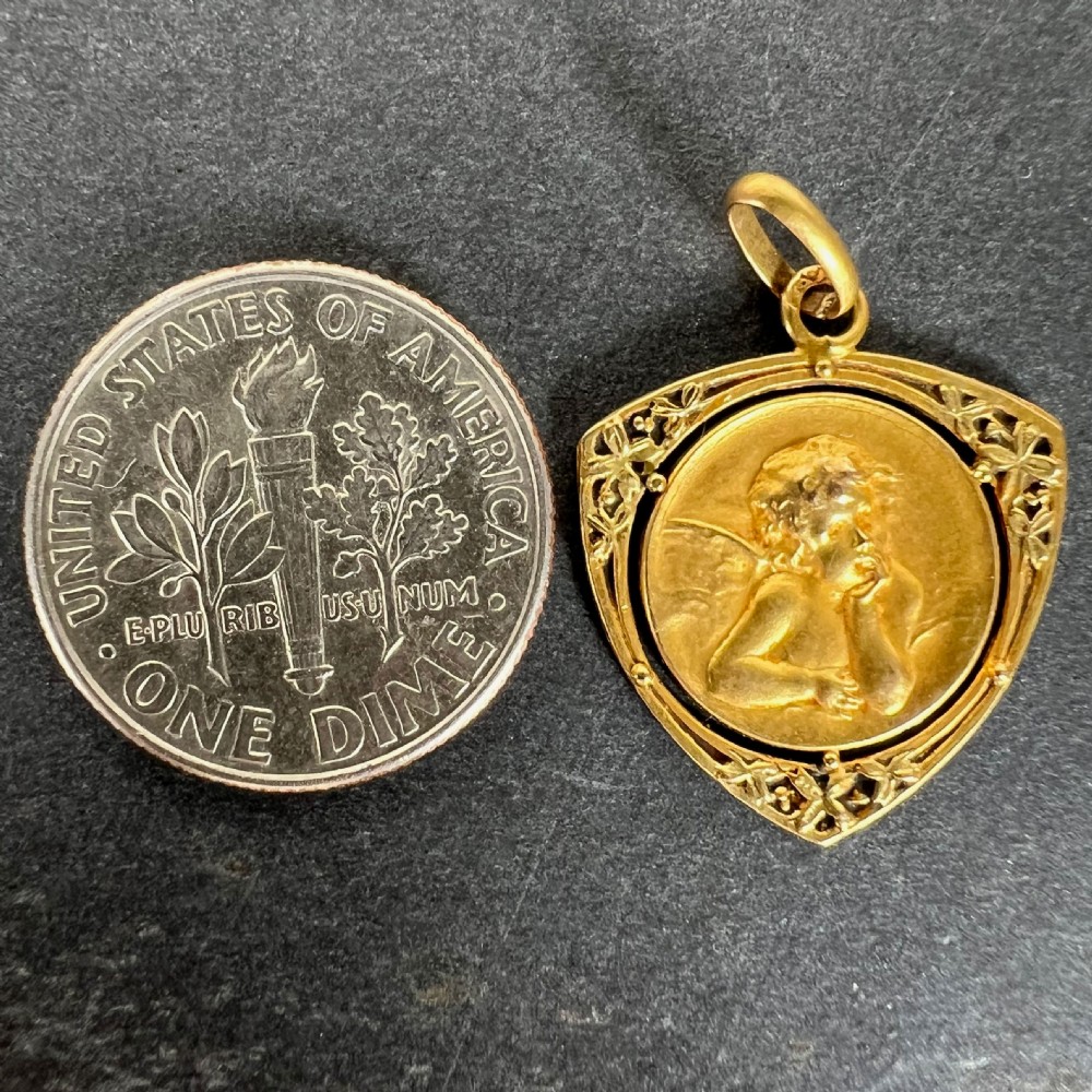 Vintage French Raphael’s Cherub Forget Me Not 18K Yellow Gold Charm Pendant View XI