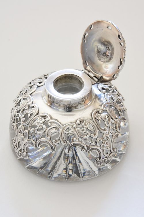fig 1. Silver Mounted Glass Inkwell by William Comyns 1901