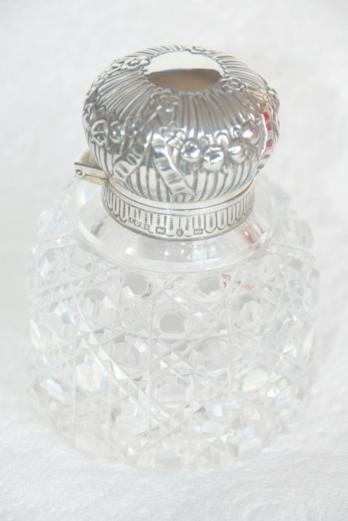 fig 1. Silver Mounted Hobnail Cut Crystal Inkwell 1890