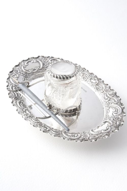 Edwardian Silver Mounted Inkwell with Tray and Pen Stand 1902