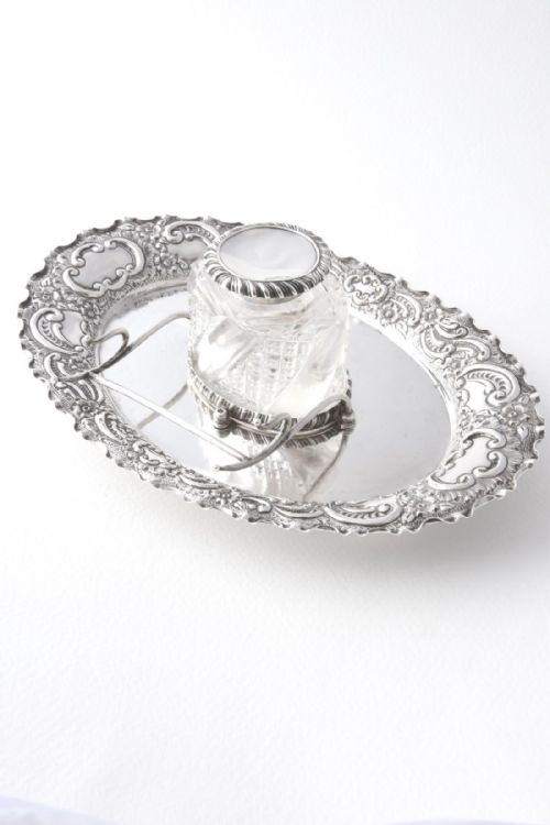 fig 1. Edwardian Silver Mounted Inkwell with Tray and Pen Stand 1902