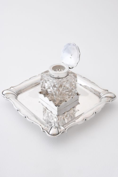 Silver Mounted Inkwell and Solid Silver Stand 1908