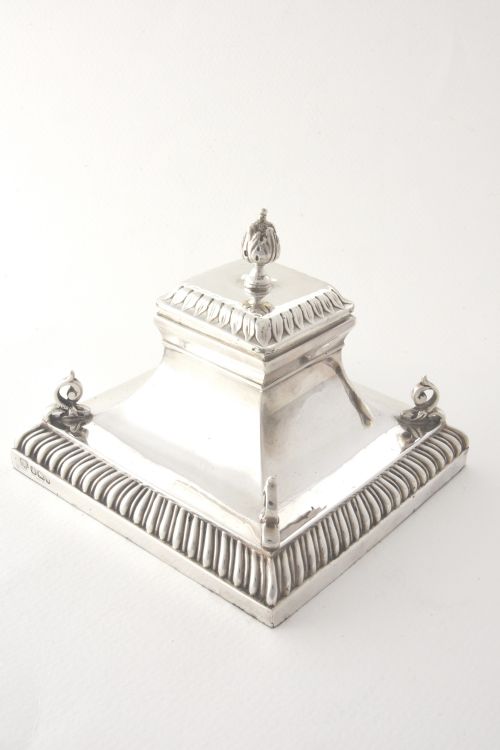 Large Square Victorian Solid Silver Inkwell 1900