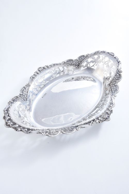 Large Edwardian Solid Silver Oval Pierced Basket 1905
