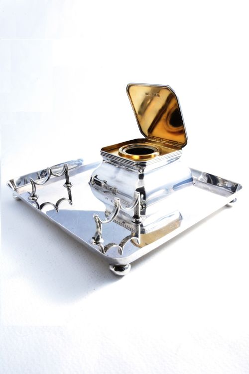 Large Edwardian Solid Silver Inkwell and Tray 1908