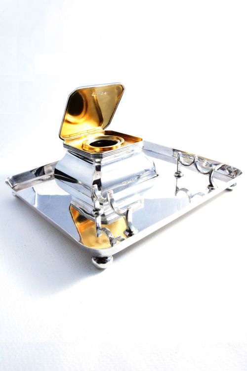 fig 1. Large Edwardian Solid Silver Inkwell and Tray 1908