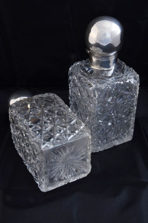 Pair of Victorian Silver Topped Square Cologne Bottles 1892 /3